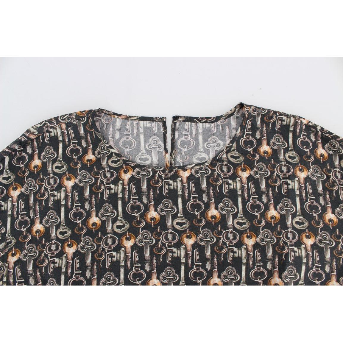 Dolce & Gabbana Gray Gold Key Print Silk Blouse T-shirt