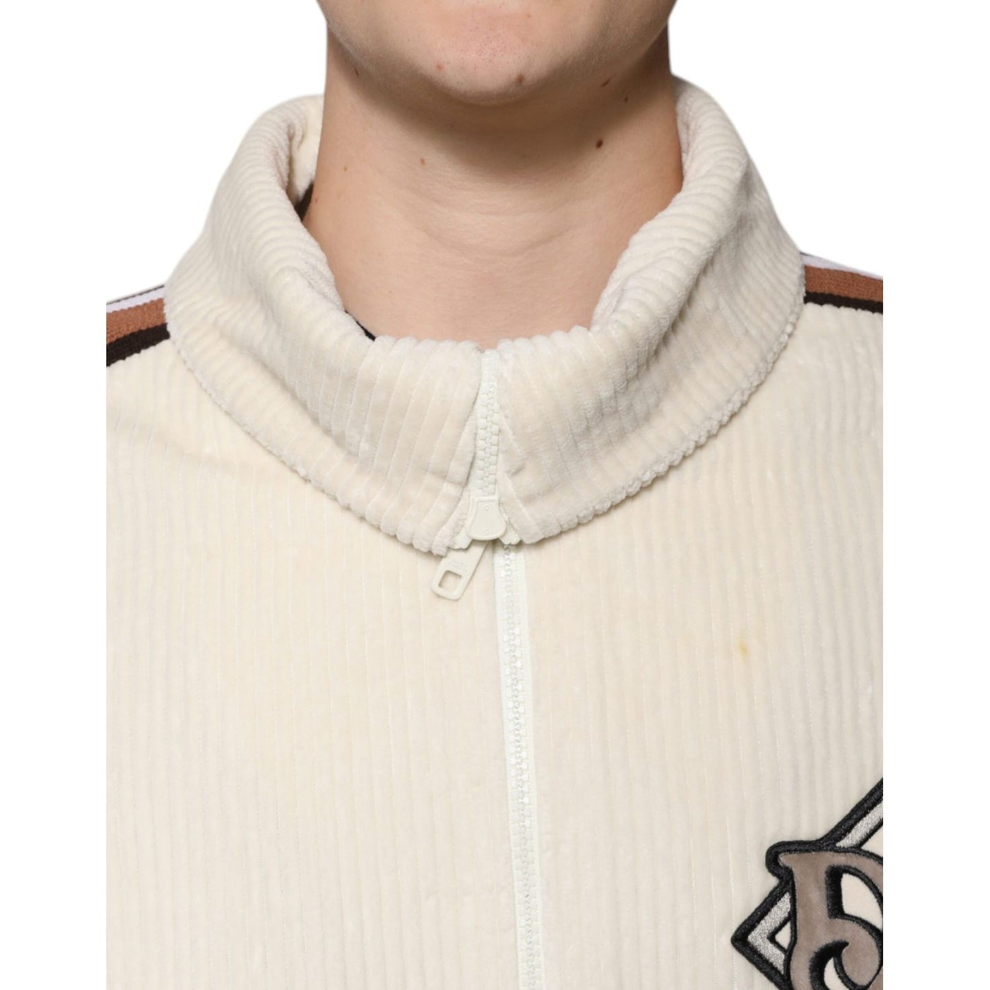Dolce & Gabbana Beige Logo Applique Cotton Corduroy Full Zip Jacket