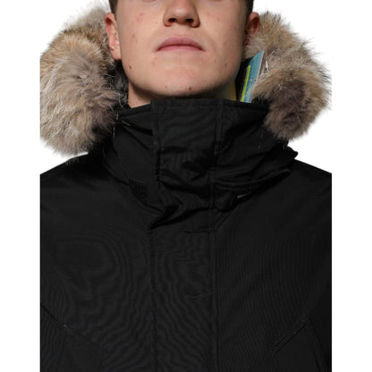 Woolrich Black Hooded Long Sleeves Fur Shearling Coat Jacket