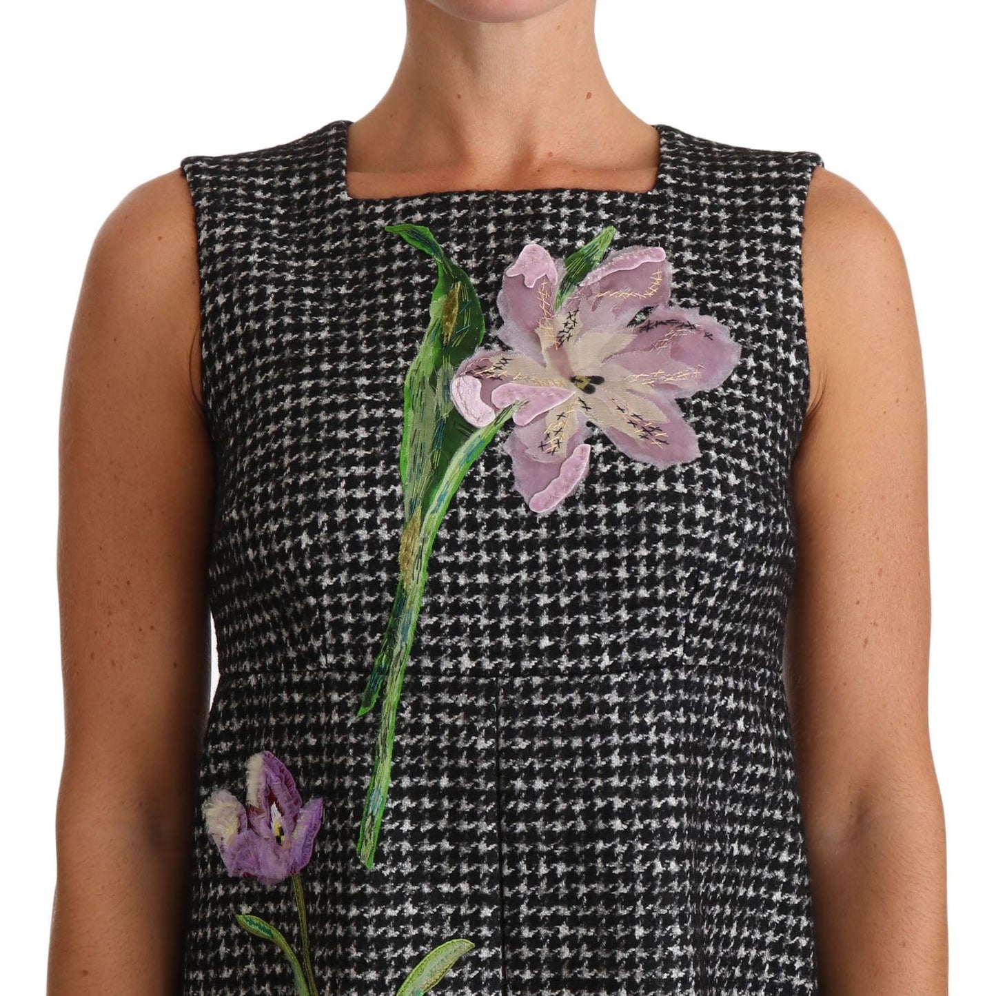 Houndstooth Floral Appliqué Shift Dress