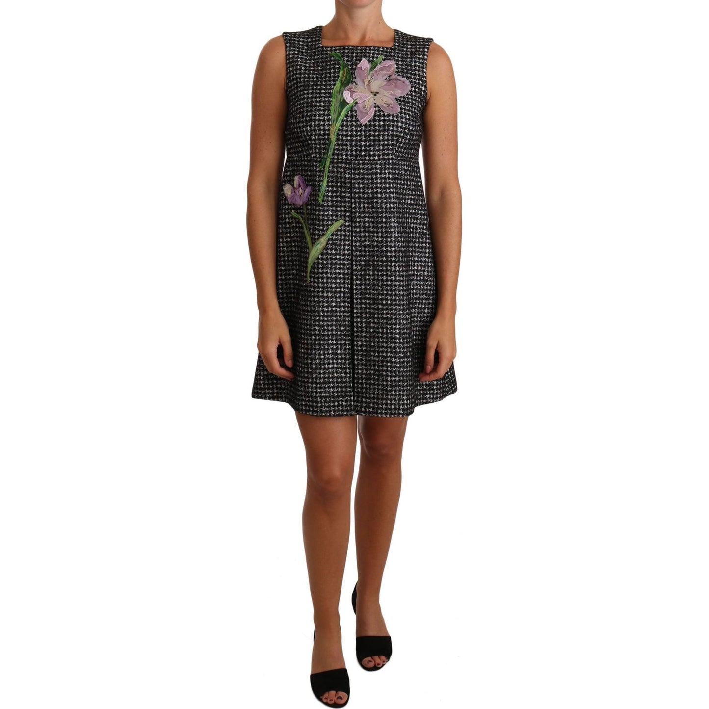 Houndstooth Floral Appliqué Shift Dress