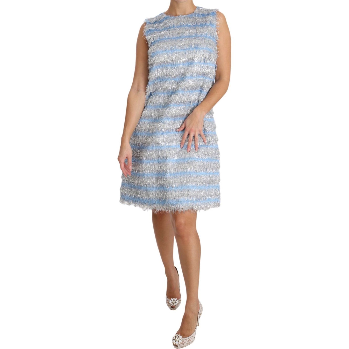 Dolce & Gabbana Elegant Light Blue Fringe Shift Dress Dolce & Gabbana