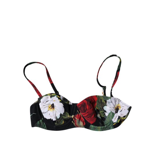 Dolce & Gabbana Black Floral Print Nylon Balconcino Bra Underwear Dolce & Gabbana