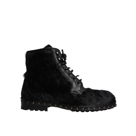 Dolce & Gabbana Black Pony Style Leather Mid Calf Boots Shoes Dolce & Gabbana