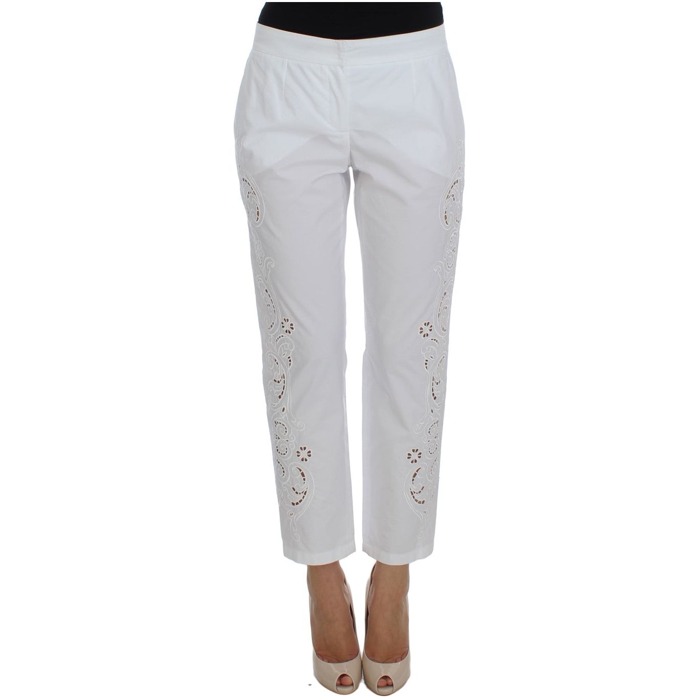 Elegant White Floral Cutout Dress Pants