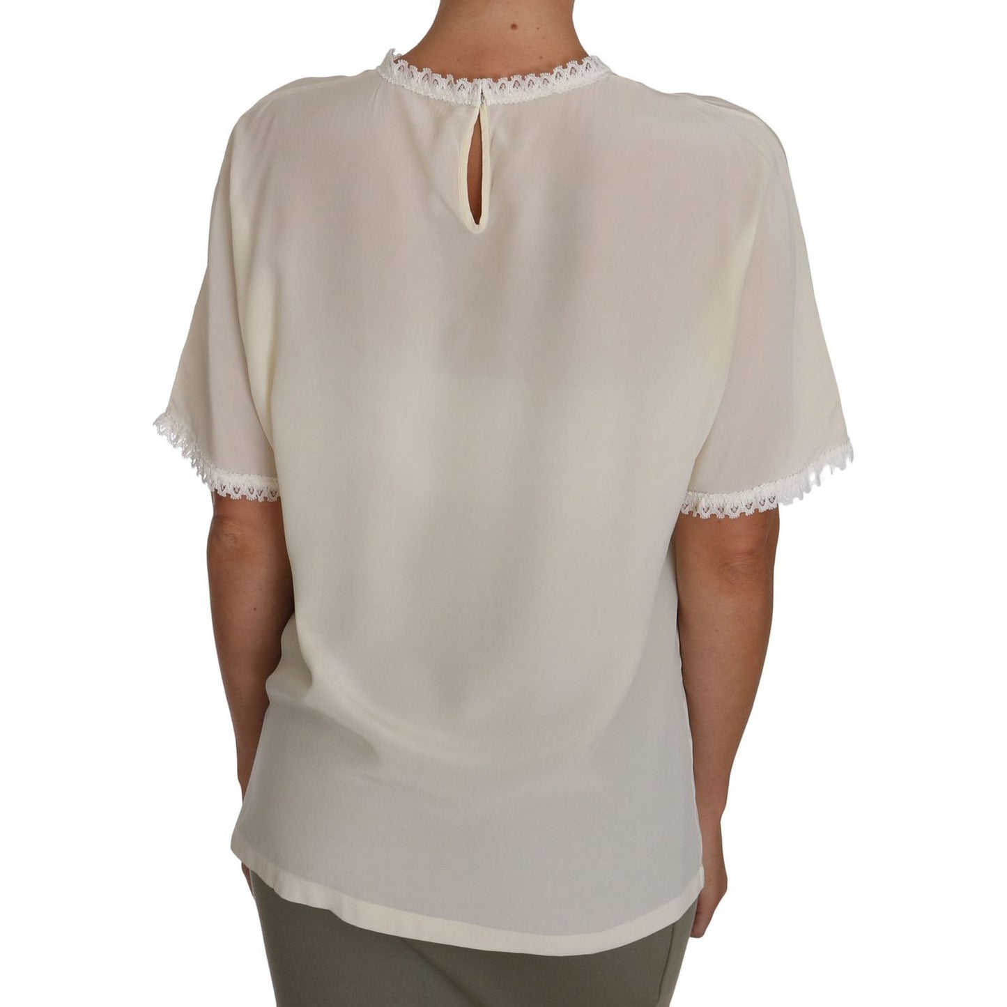 Cream Silk Lace-Detailed Blouse Top