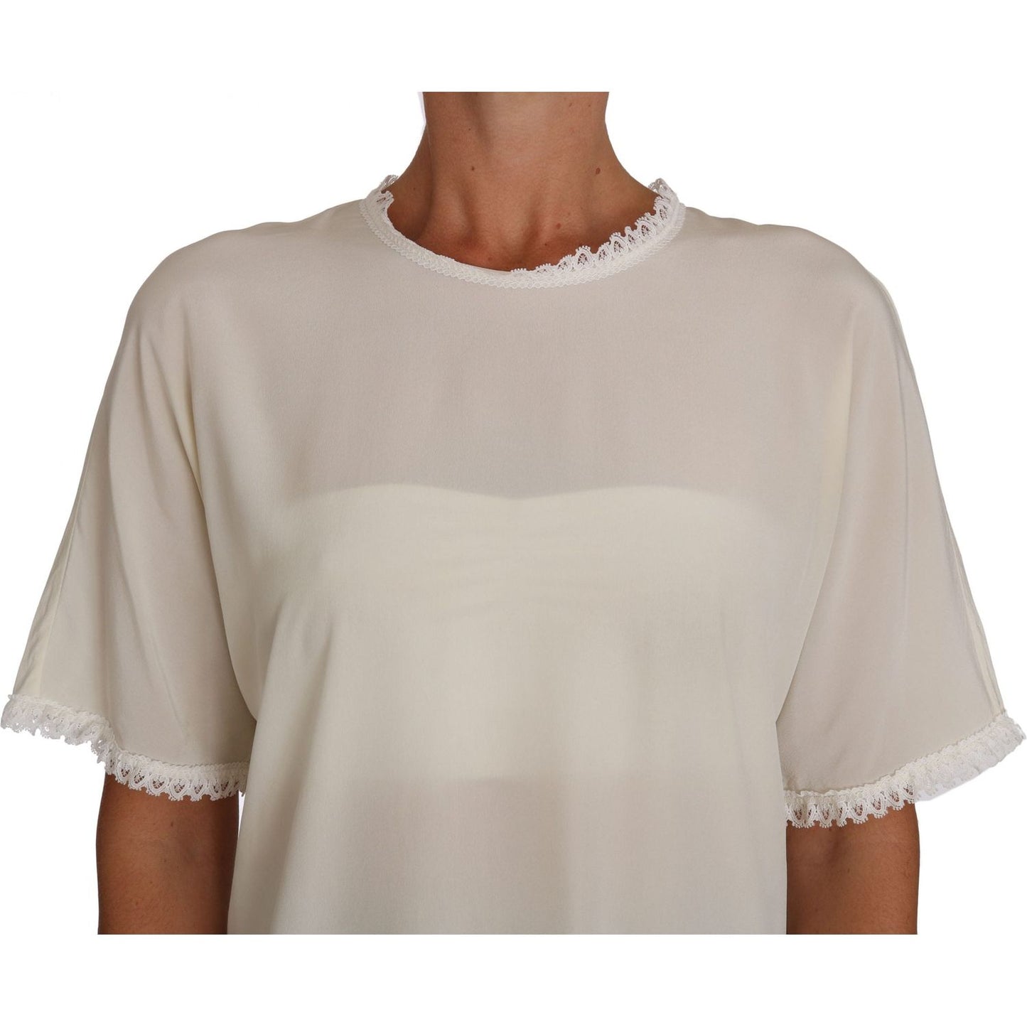 Cream Silk Lace-Detailed Blouse Top