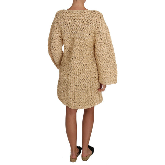 Chic Beige Crochet Knitted Raffia Cardigan