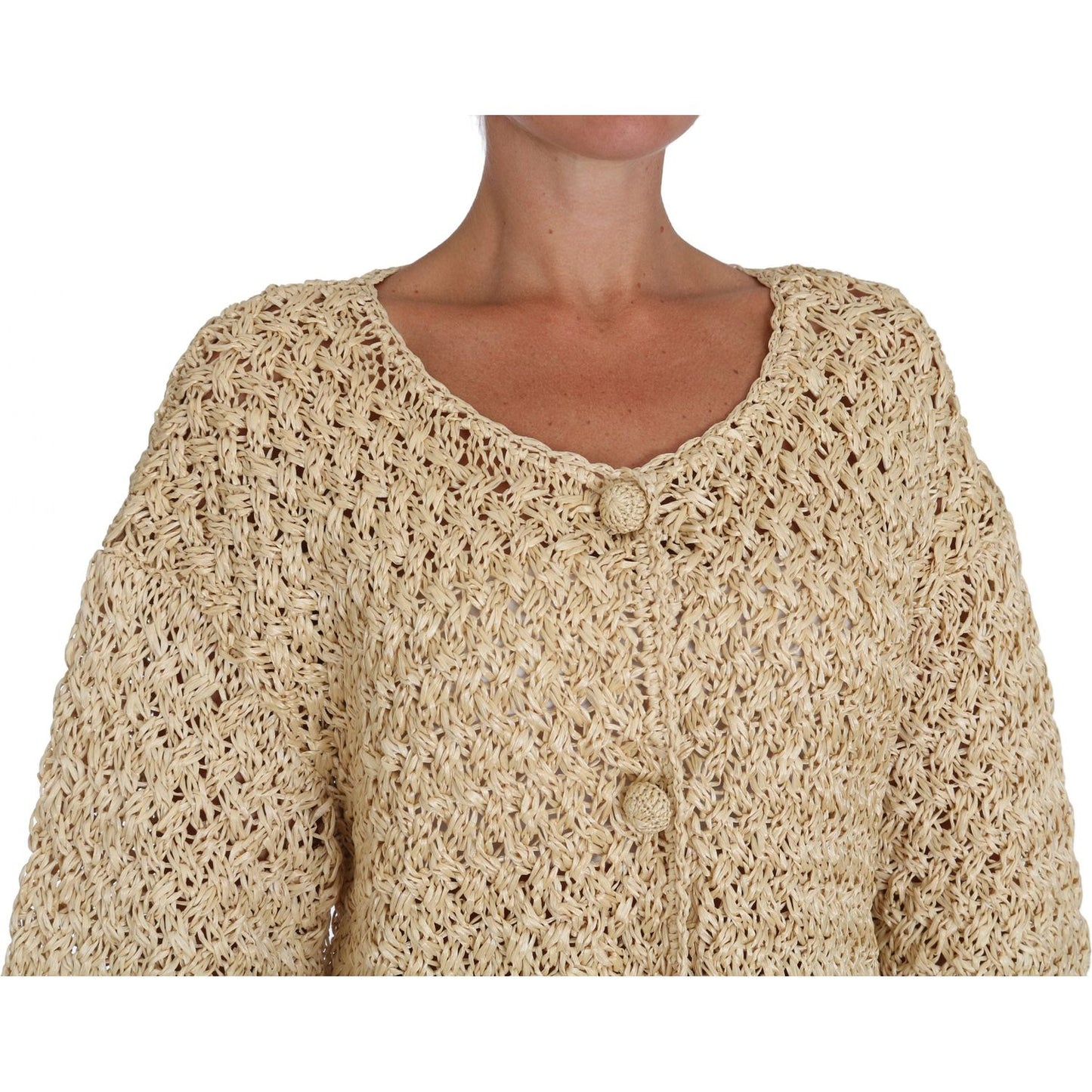 Chic Beige Crochet Knitted Raffia Cardigan