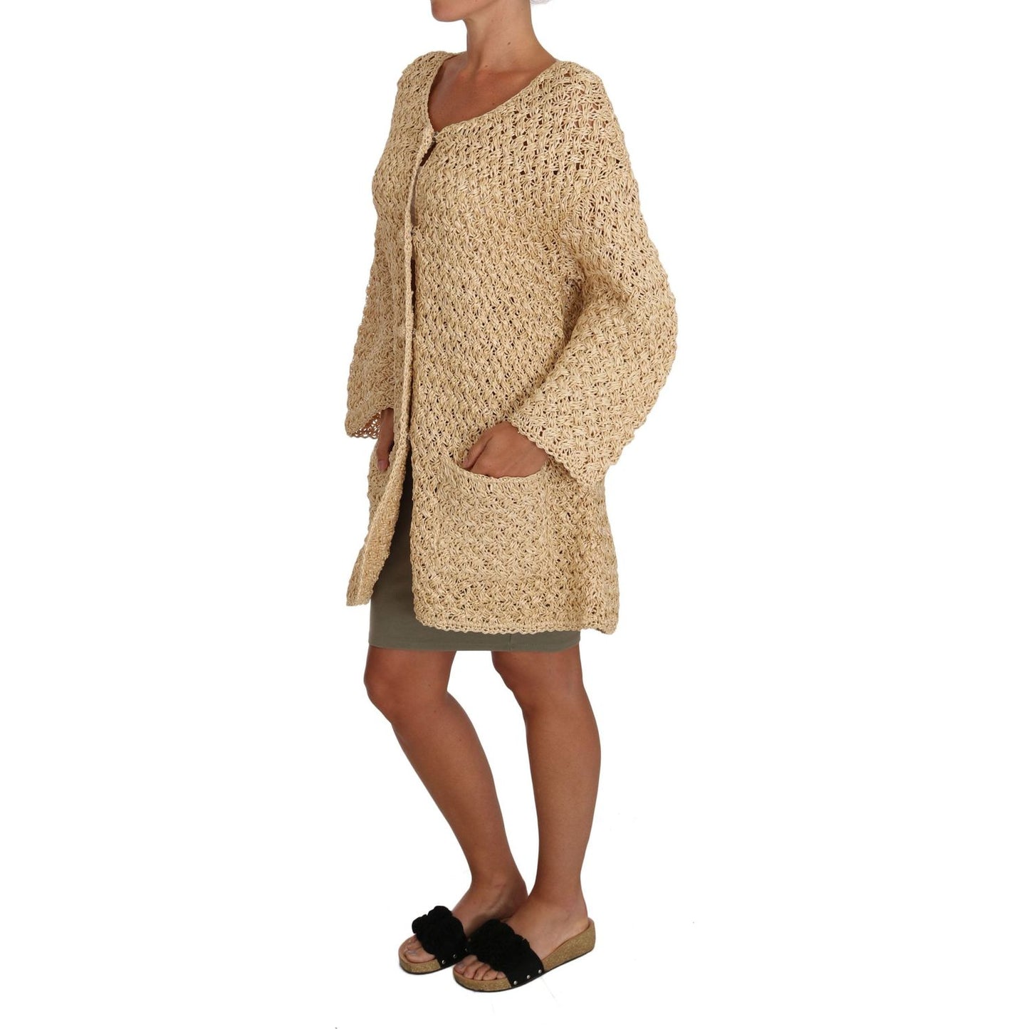 Chic Beige Crochet Knitted Raffia Cardigan