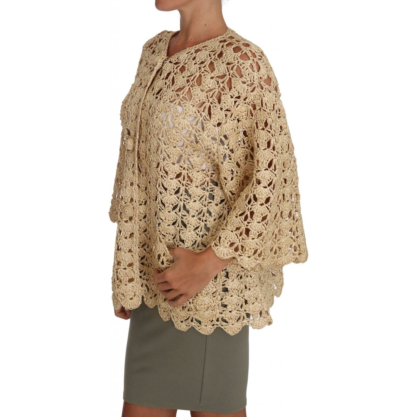 Chic Beige Crochet Raffia Cardigan