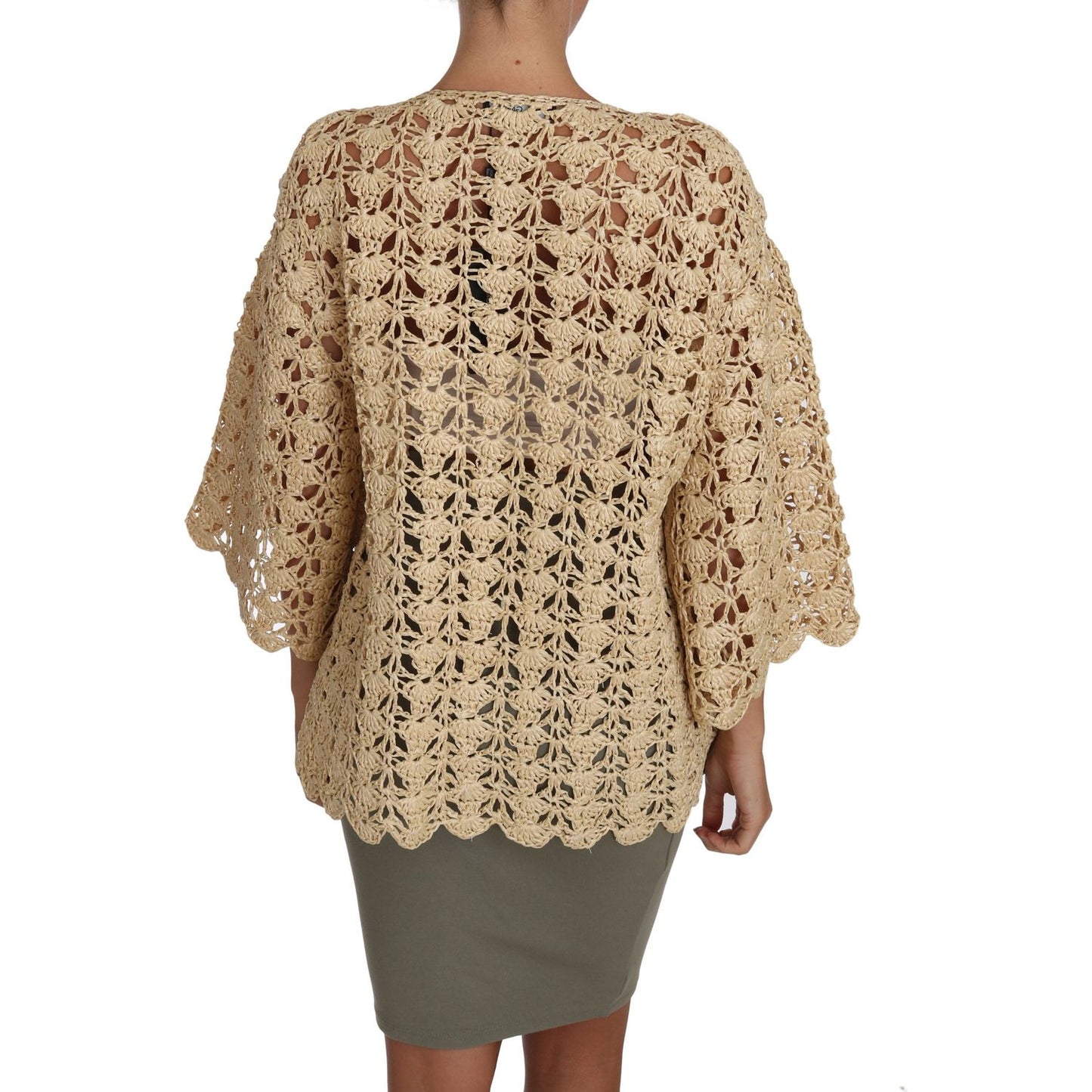 Chic Beige Crochet Raffia Cardigan