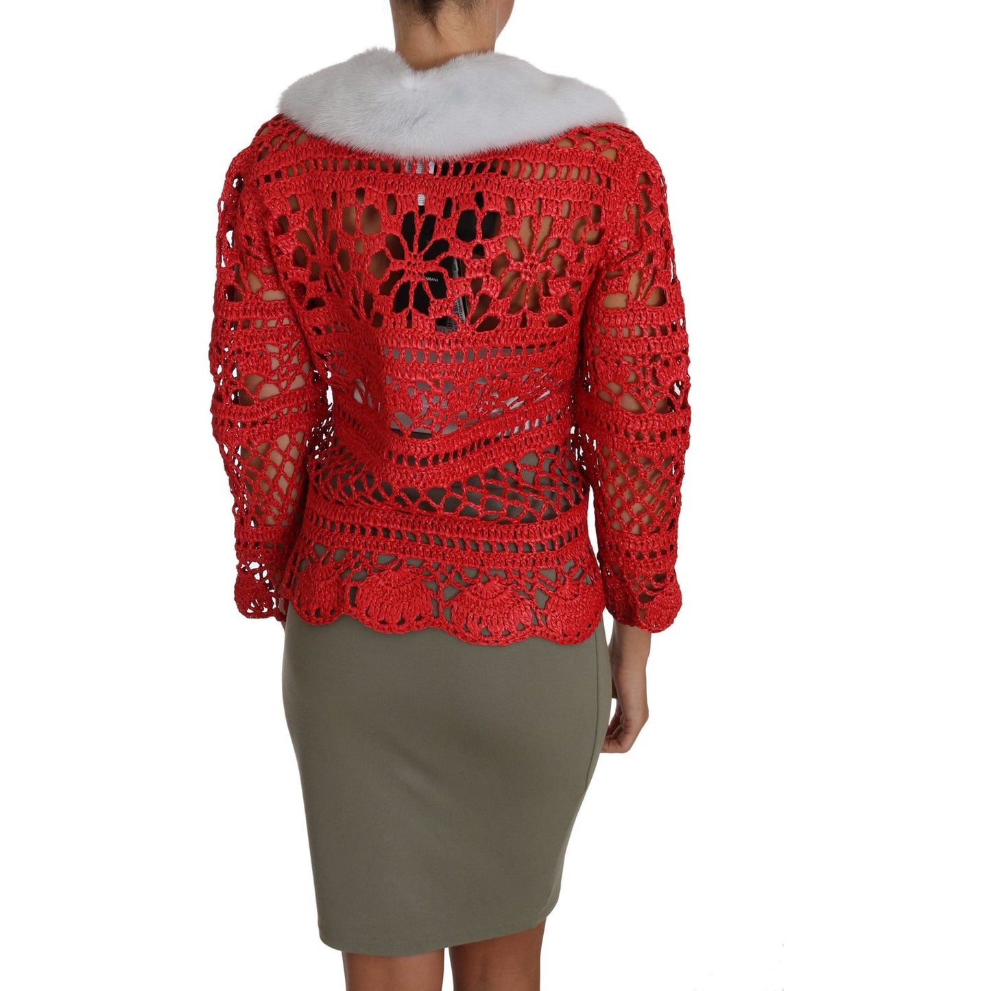 Elegant Red Crochet Knit Cardigan with Fur Collar