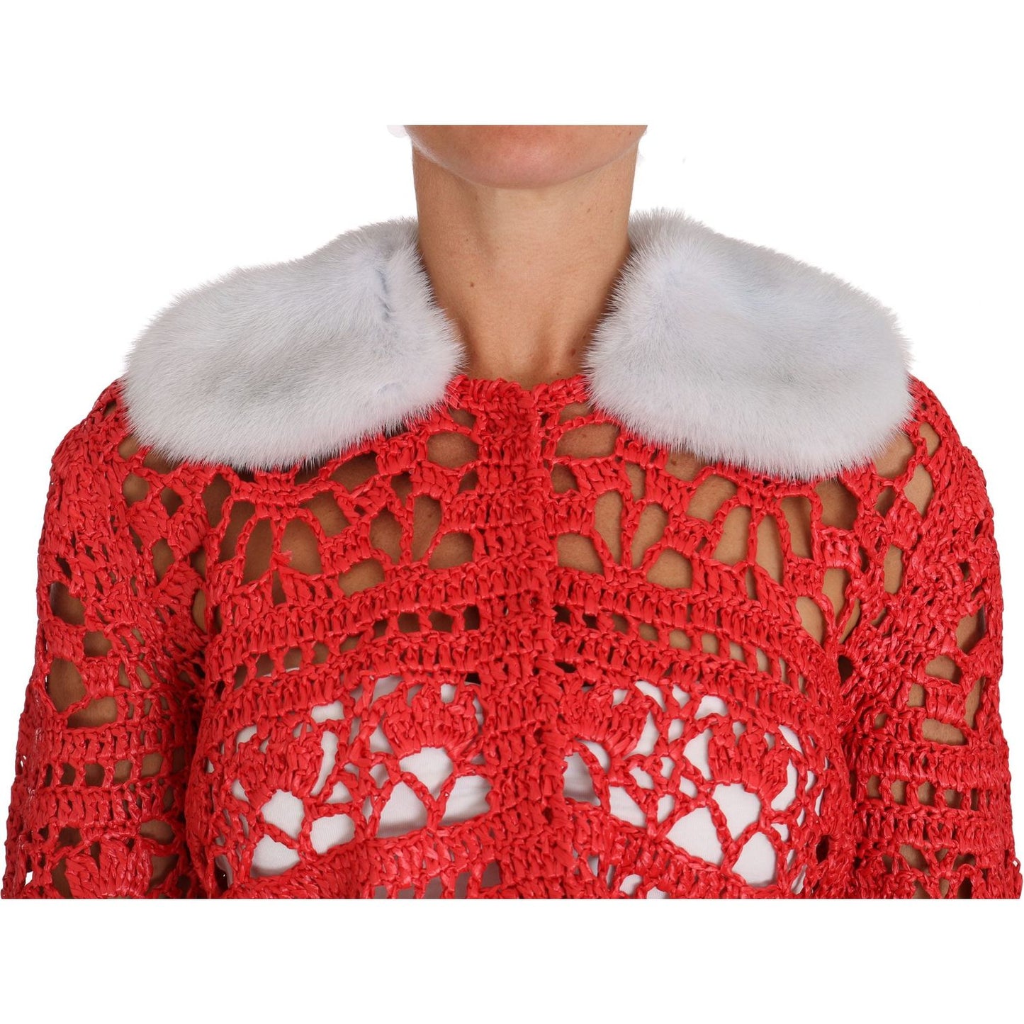 Elegant Red Crochet Knit Cardigan with Fur Collar