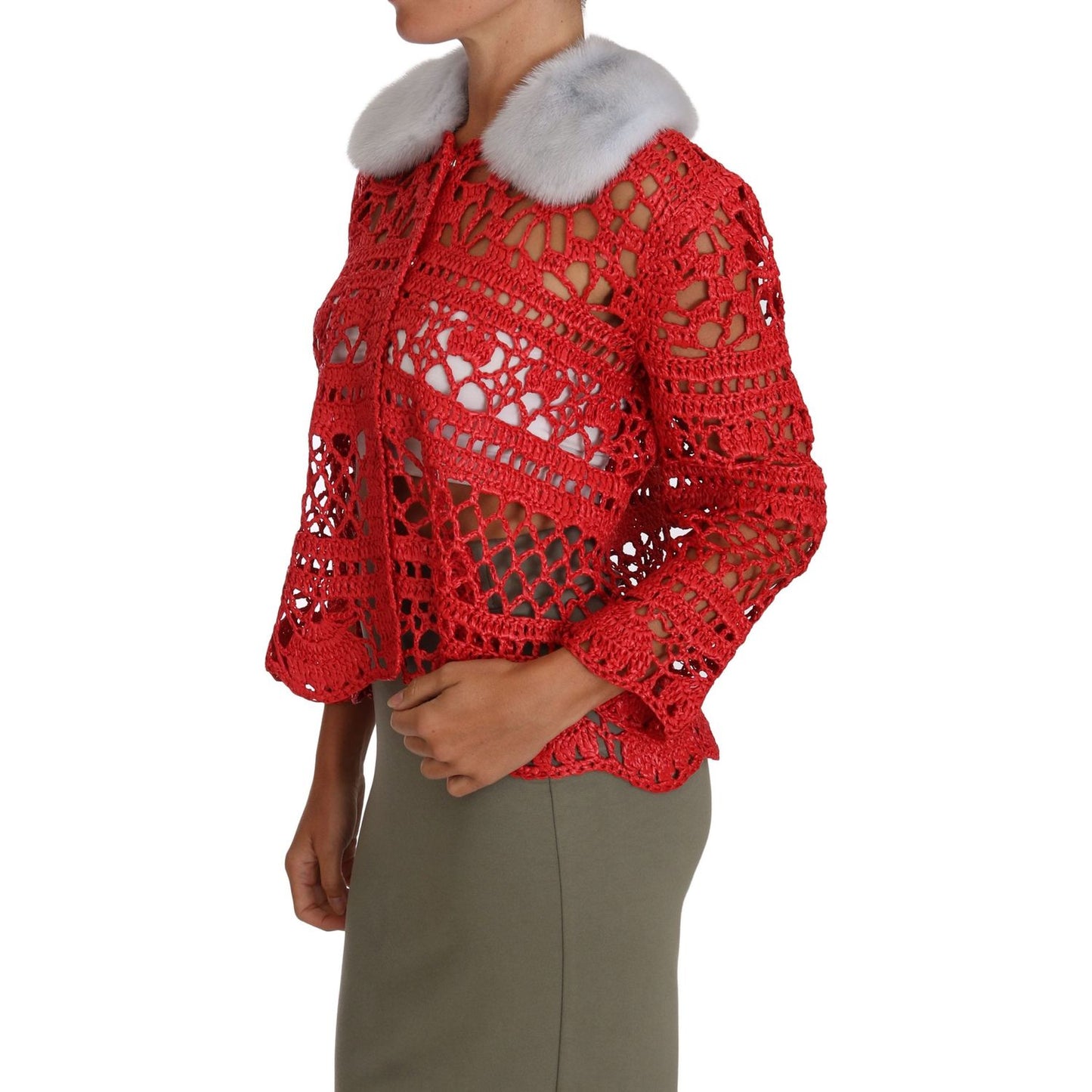 Elegant Red Crochet Knit Cardigan with Fur Collar