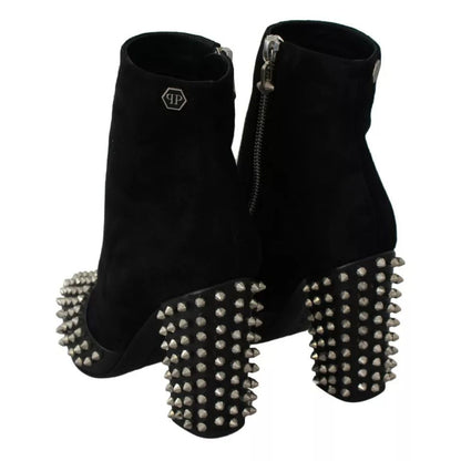 Philipp Plein Black Suede Studded Heels Ankle Boots Shoes
