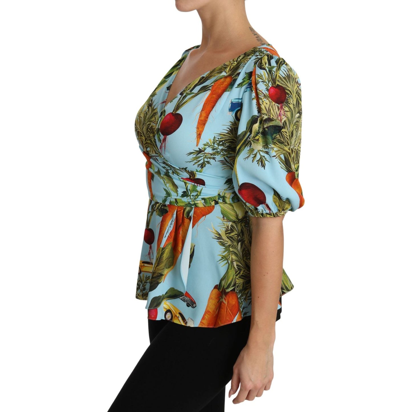 Dolce & Gabbana Multicolor Vegetable Print Silk Top Peplum Wrap Blouse