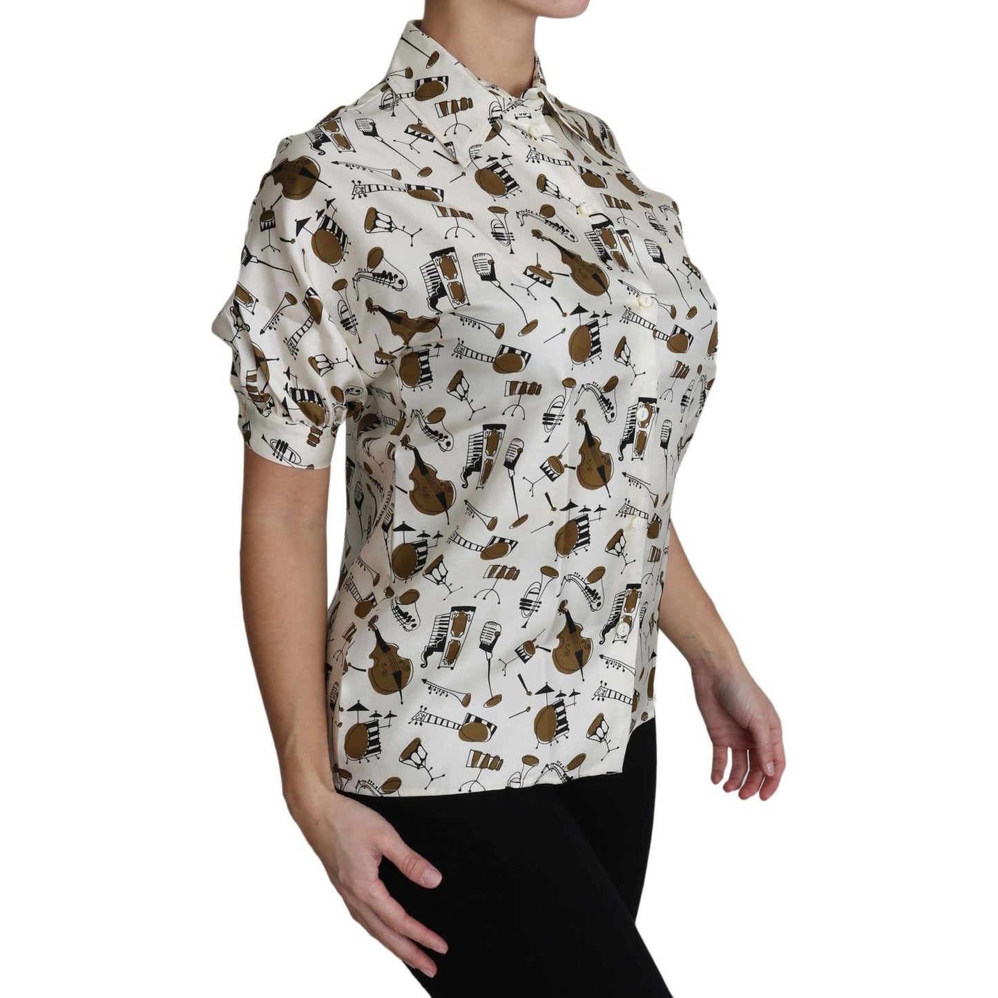 Silk Musical Instrument Print Polo Top