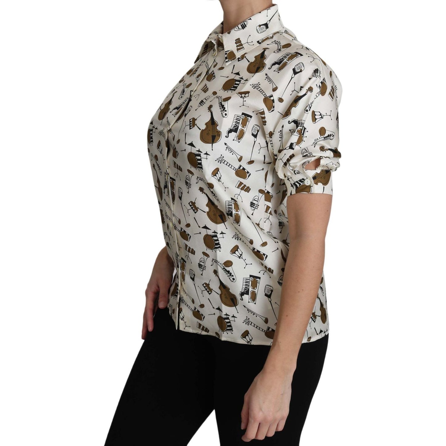 Silk Musical Instrument Print Polo Top