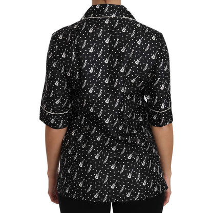Dolce & Gabbana Black GuitarTrumpet Print Silk Shirt Top