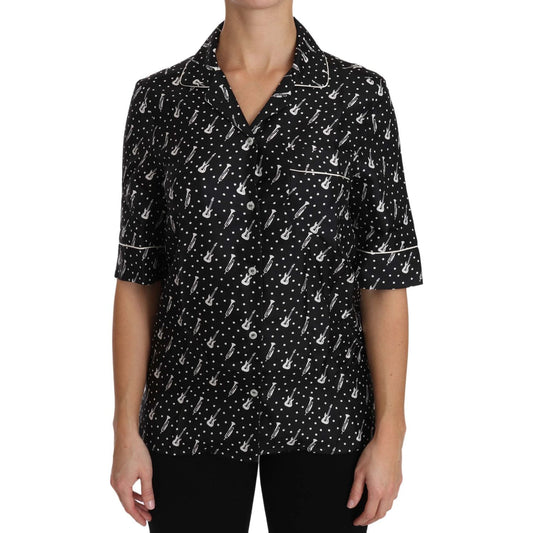 Silk Guitar Trumpet Print Polo Top