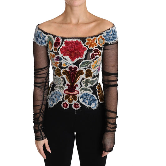 Dolce & Gabbana Black Floral Ricamo Top T-shirt Blouse