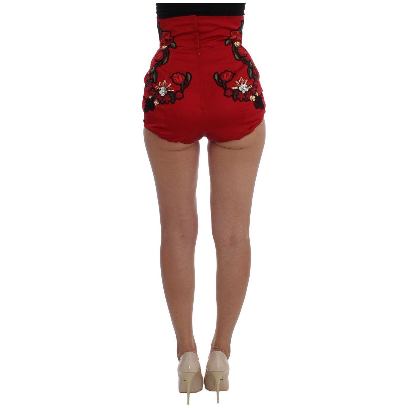 Dolce & Gabbana Red Silk Crystal Roses Shorts
