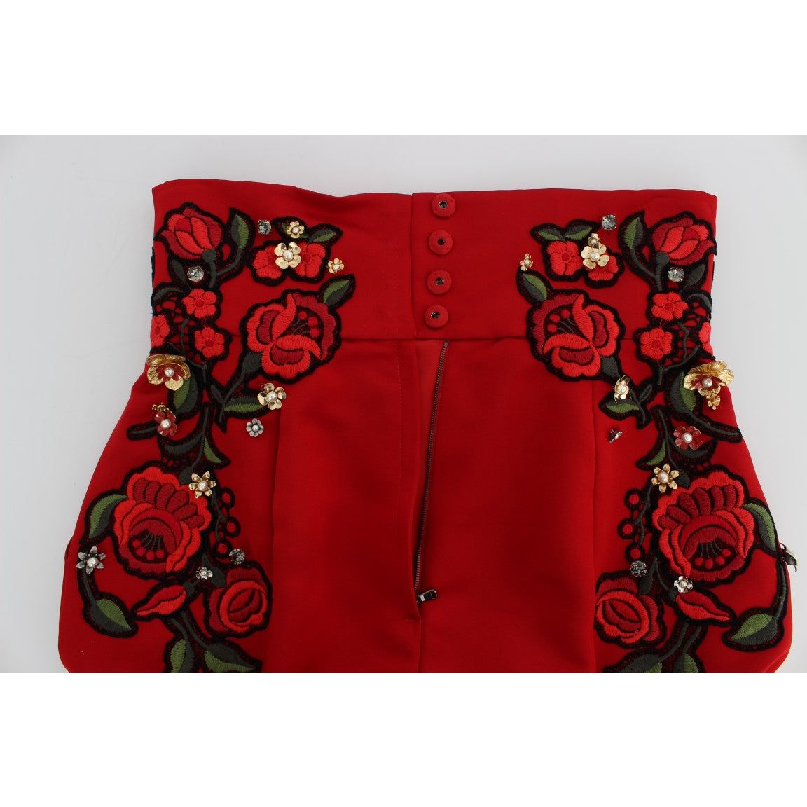 Dolce & Gabbana Red Silk Crystal-Embellished Mini Shorts red-silk-crystal-embellished-mini-shorts