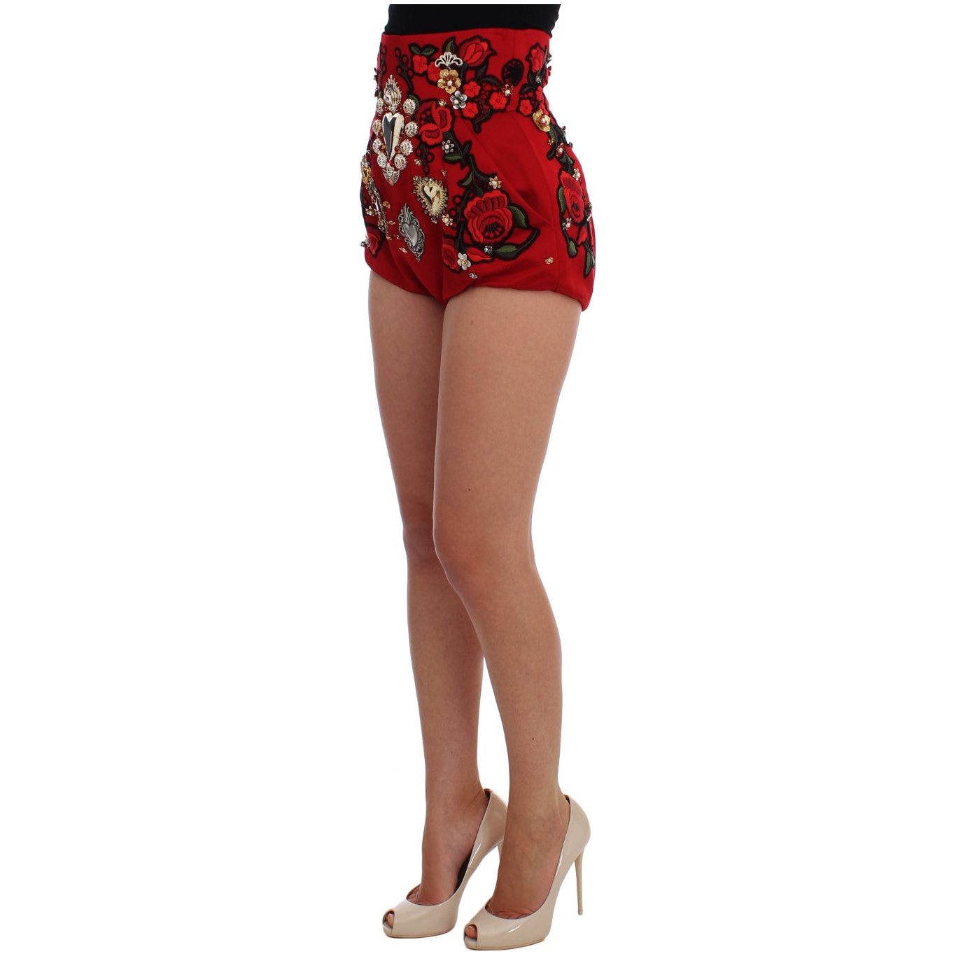 Red Silk Crystal-Embellished Mini Shorts