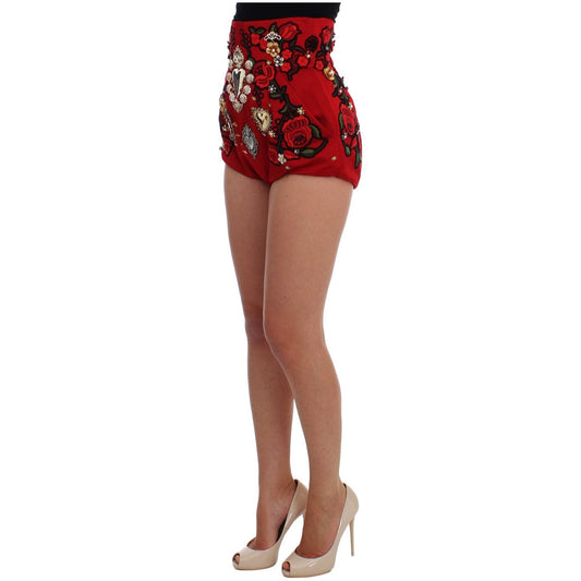 Red Silk Crystal-Embellished Mini Shorts Dolce & Gabbana