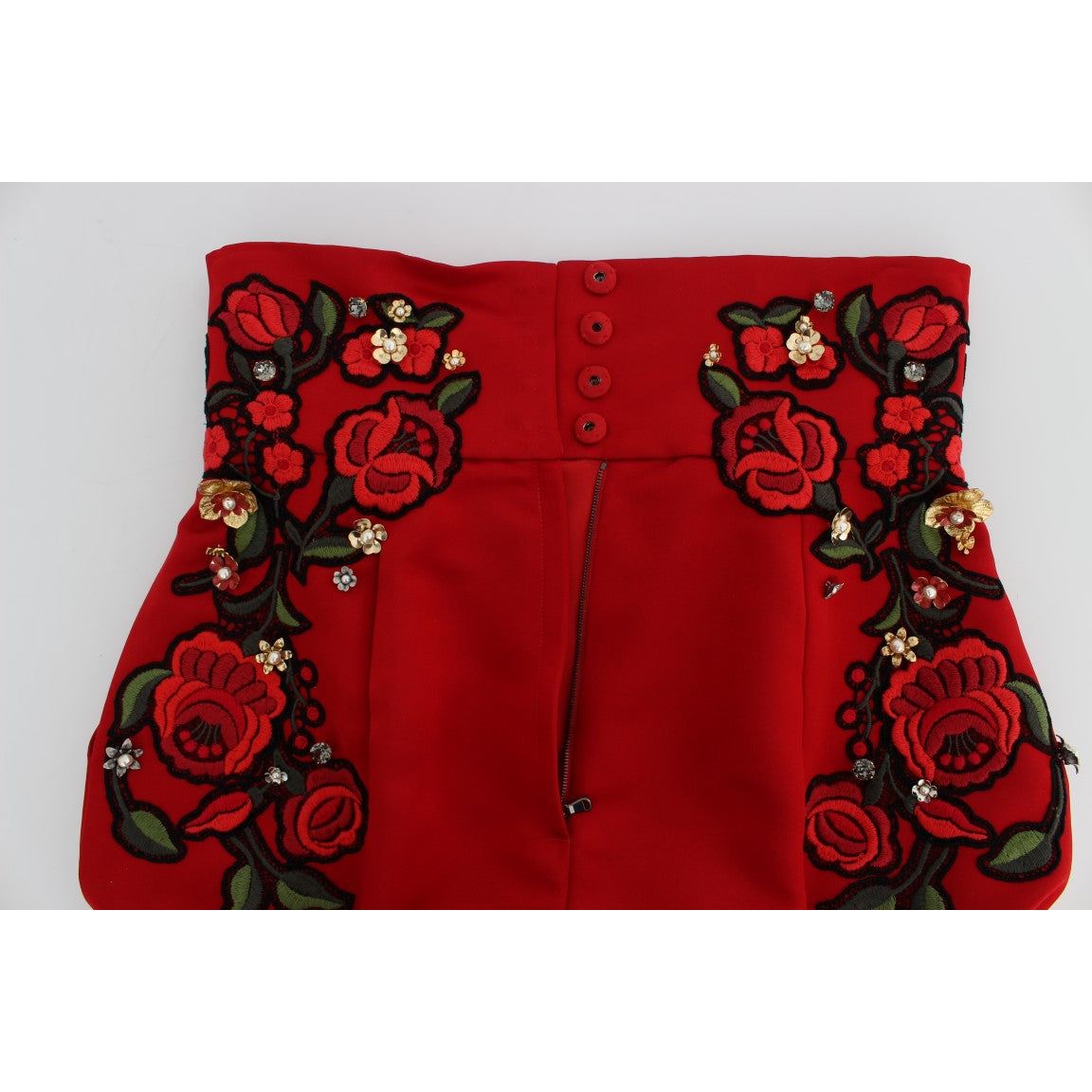 Red Silk Crystal-Embellished Mini Shorts