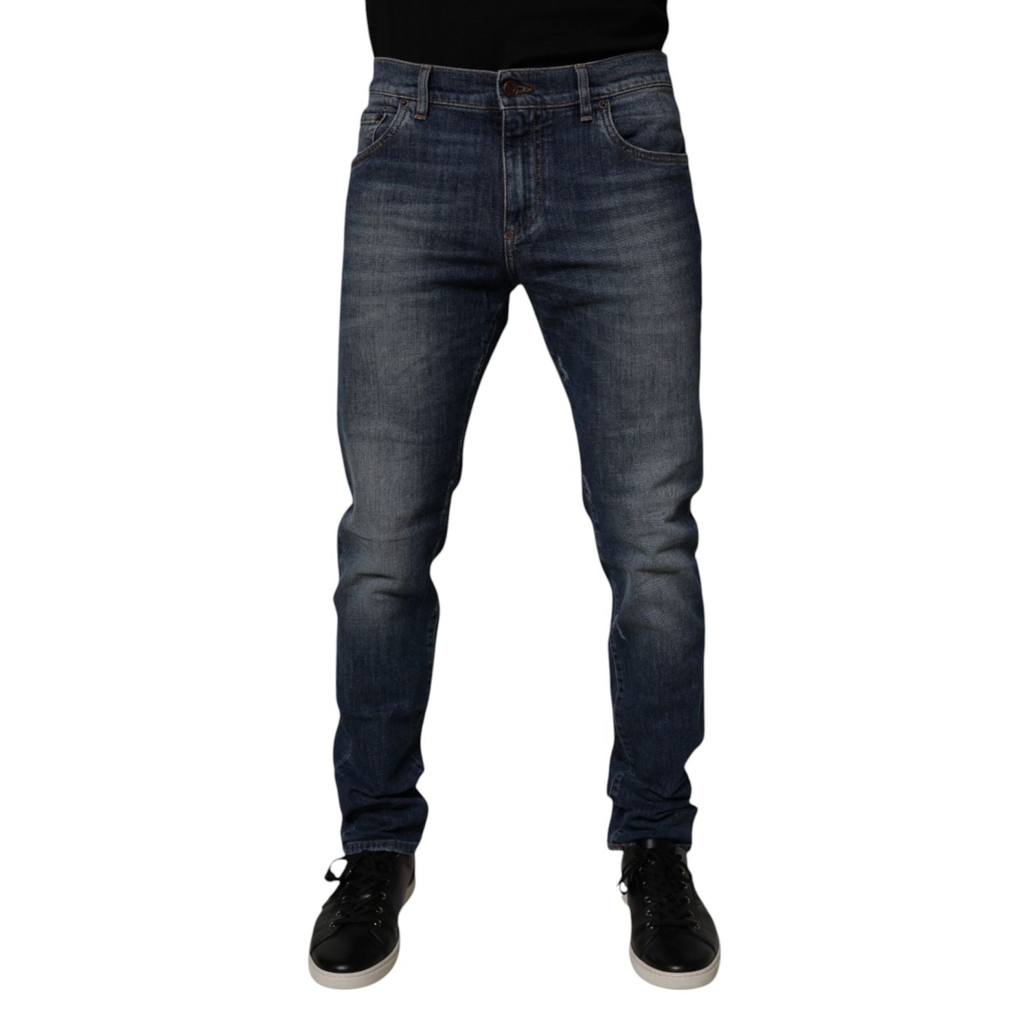 Dolce & Gabbana Dark Blue Cotton Leather Skinny Denim Jeans