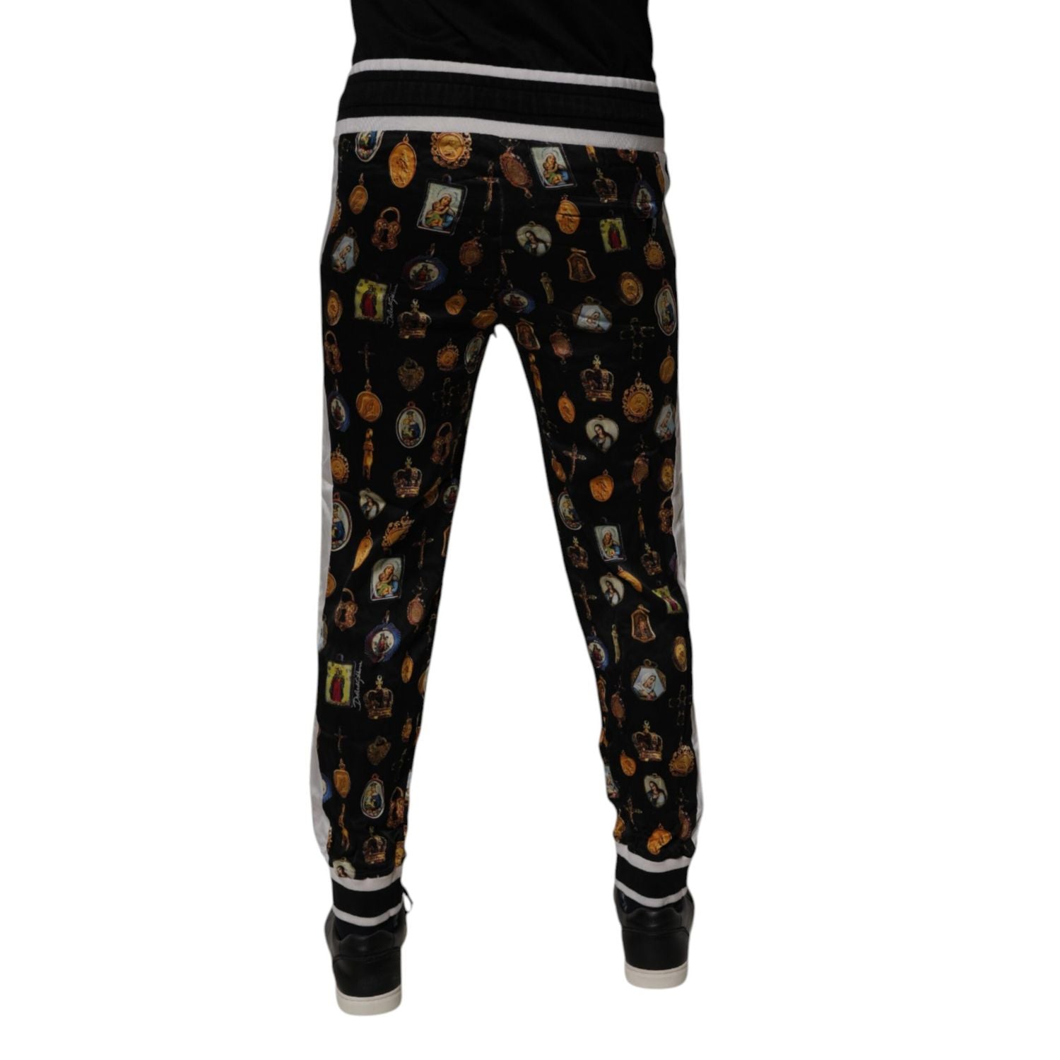 Dolce & Gabbana Black Religious Print Silk Men Jogger Pants
