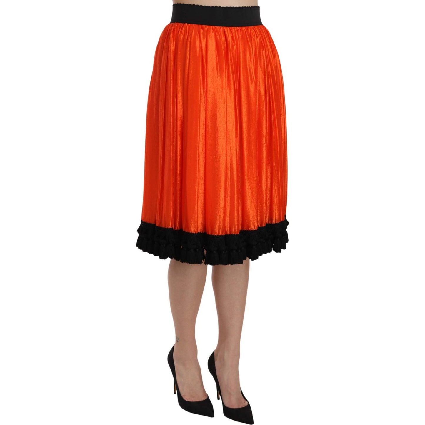 High-Waist Black & Orange Knee-Length Skirt