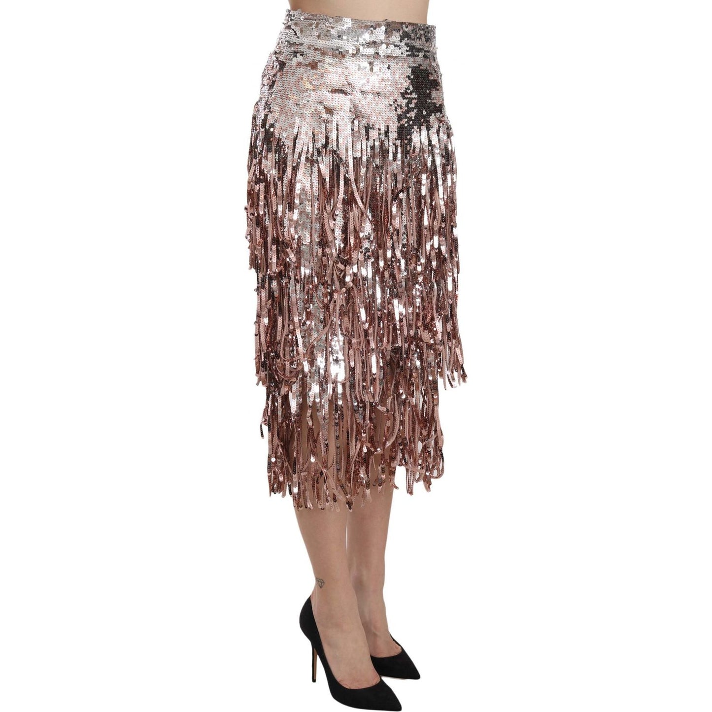 Metallic Sequin Tulle High-Waist Midi Skirt