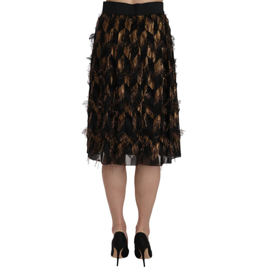 Elegant Gold Black Silk Blend High Waist Skirt