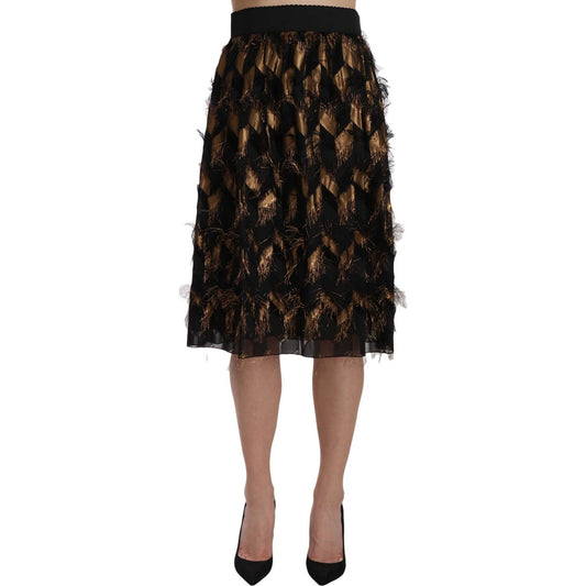 Elegant Gold Black Silk Blend High Waist Skirt