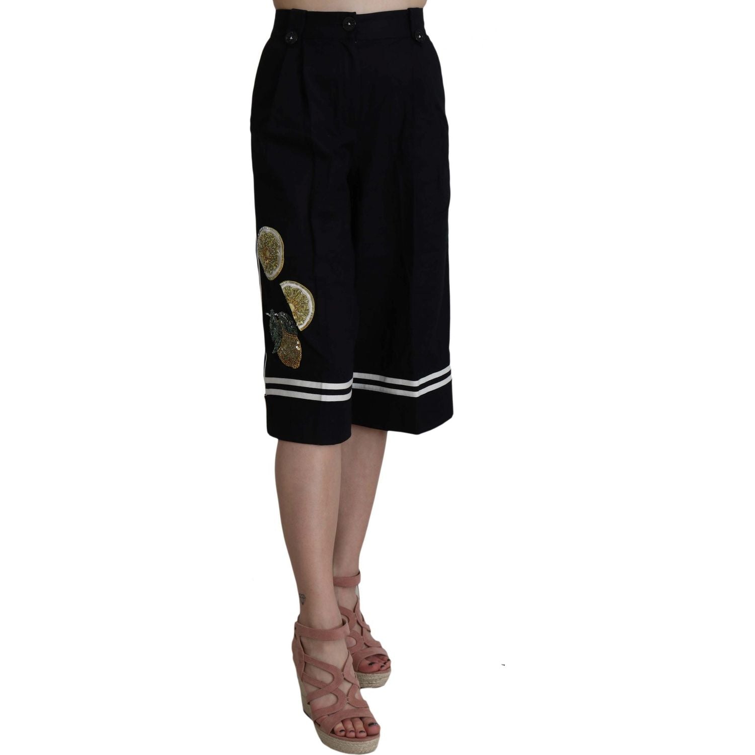 Dolce & Gabbana Black Cotton Cropped Embellished Pants