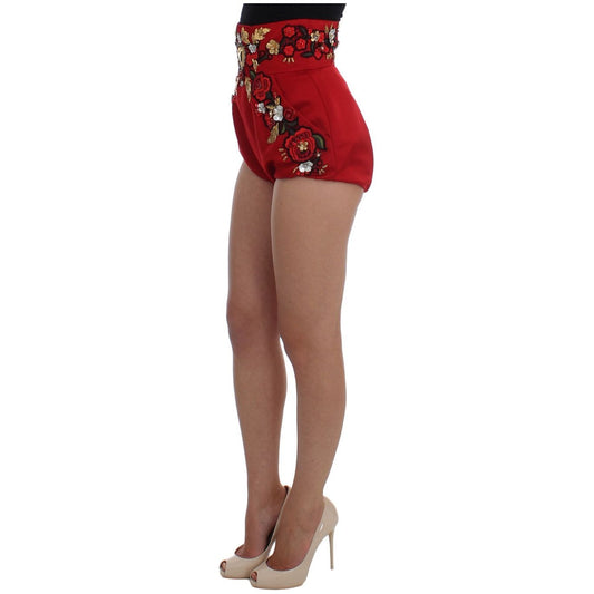 Red Silk Crystal-Embellished High Waist Shorts