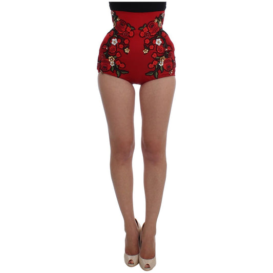 Glamorous Red Silk Floral Embroidered Shorts