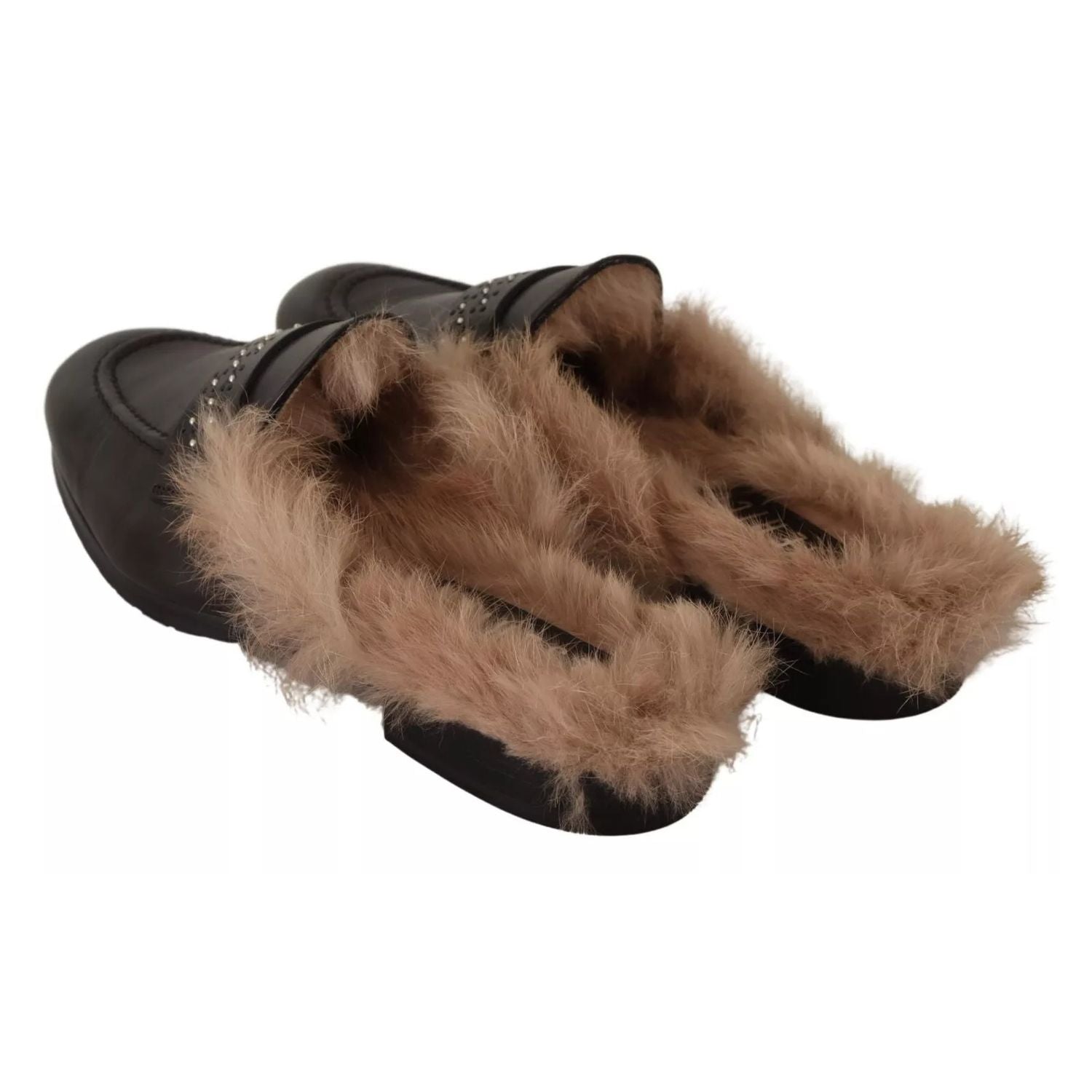 Peserico Black Leather Fur Perforated Slip On Flats Shoes