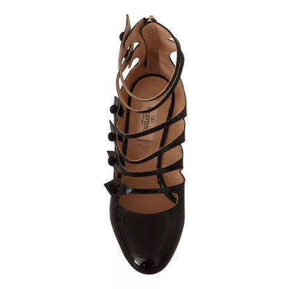 Valentino Black Multi Strap Leather Mid Heels Pumps Shoes