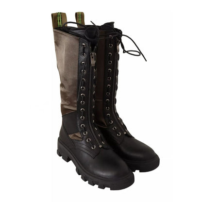 Gaelle Black Green High Combat Boots Lace Up Military Shoes