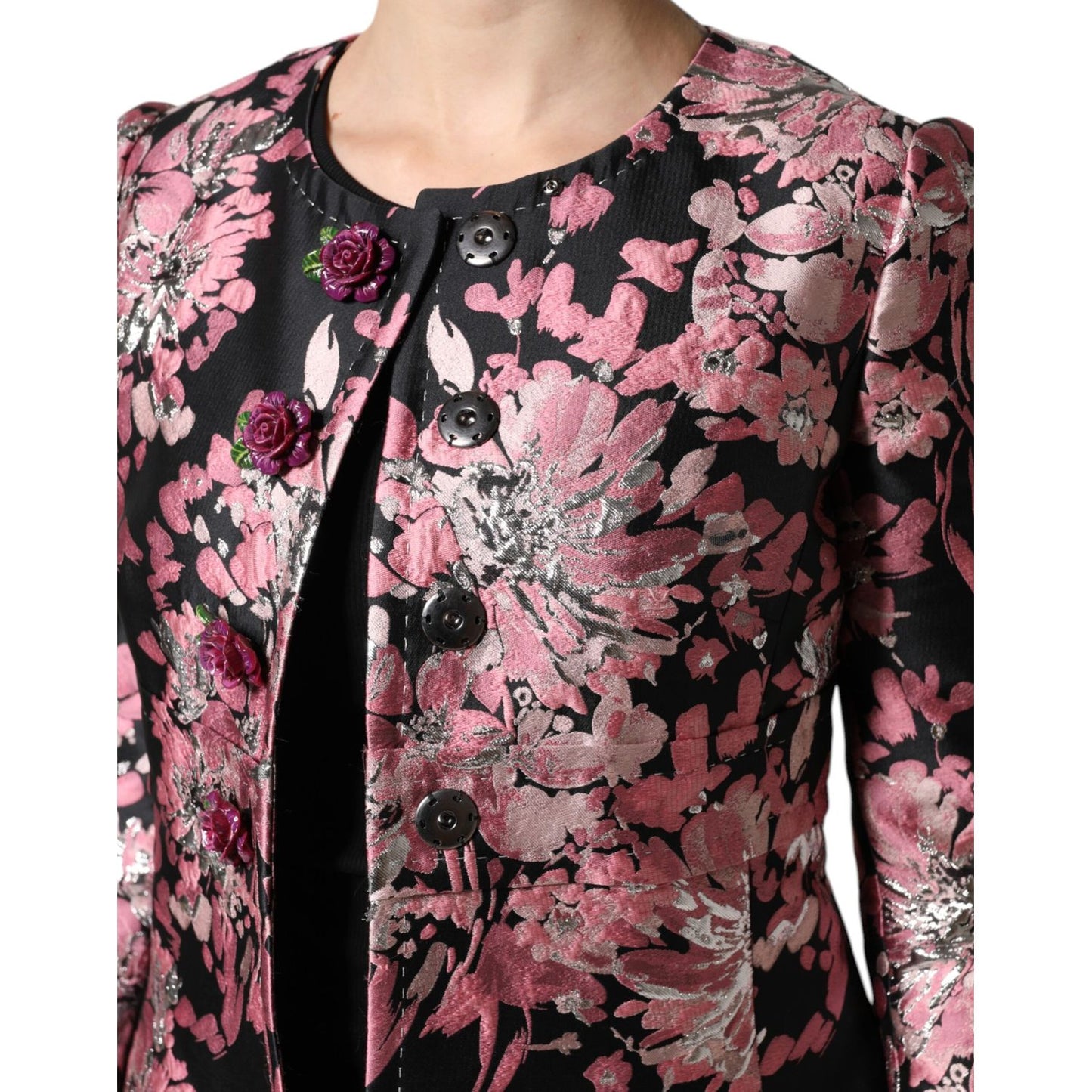 Dolce & Gabbana Pink Black Floral Brocade Trenchcoat Jacket