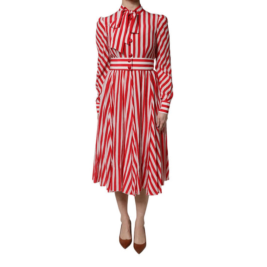 Dolce & Gabbana White Red Stripes Long Sleeves Midi Dress