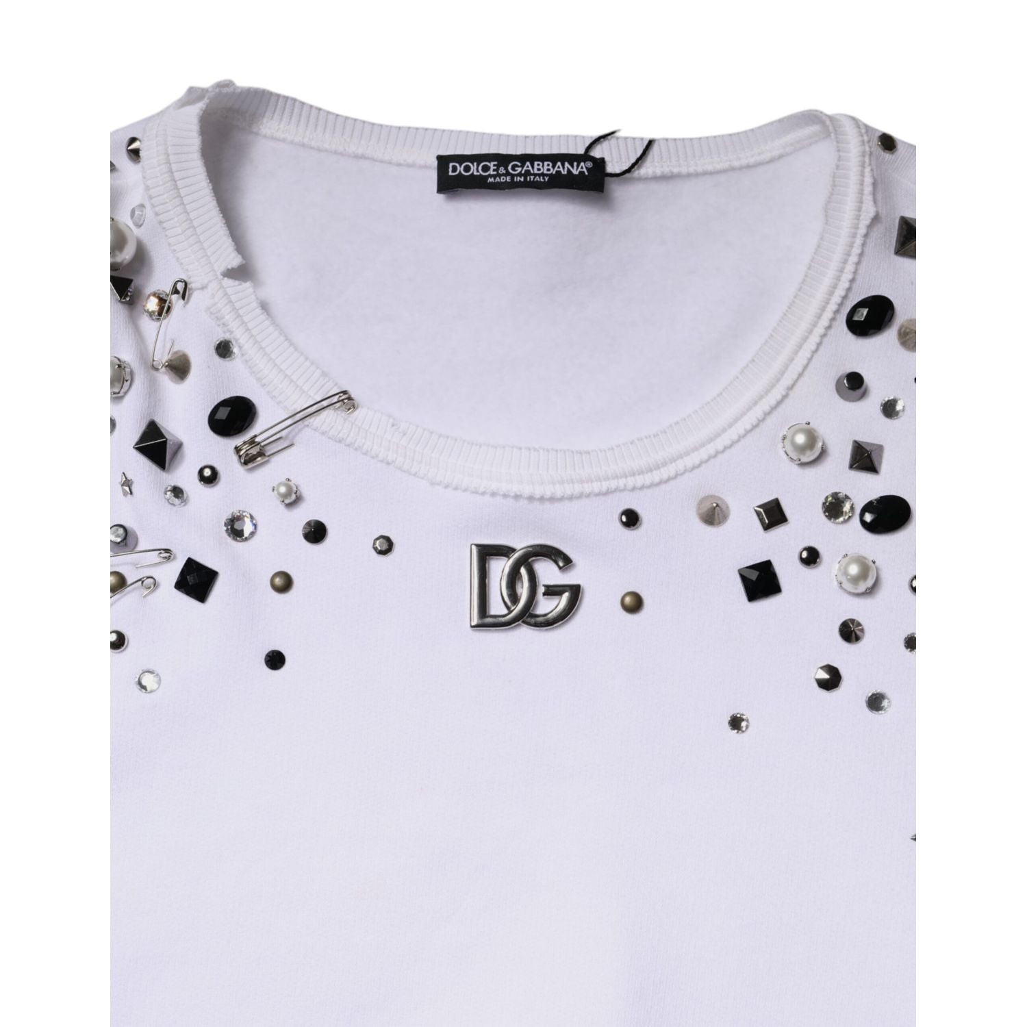 Dolce & Gabbana White Embellished Long Sleeve Cropped Sweater