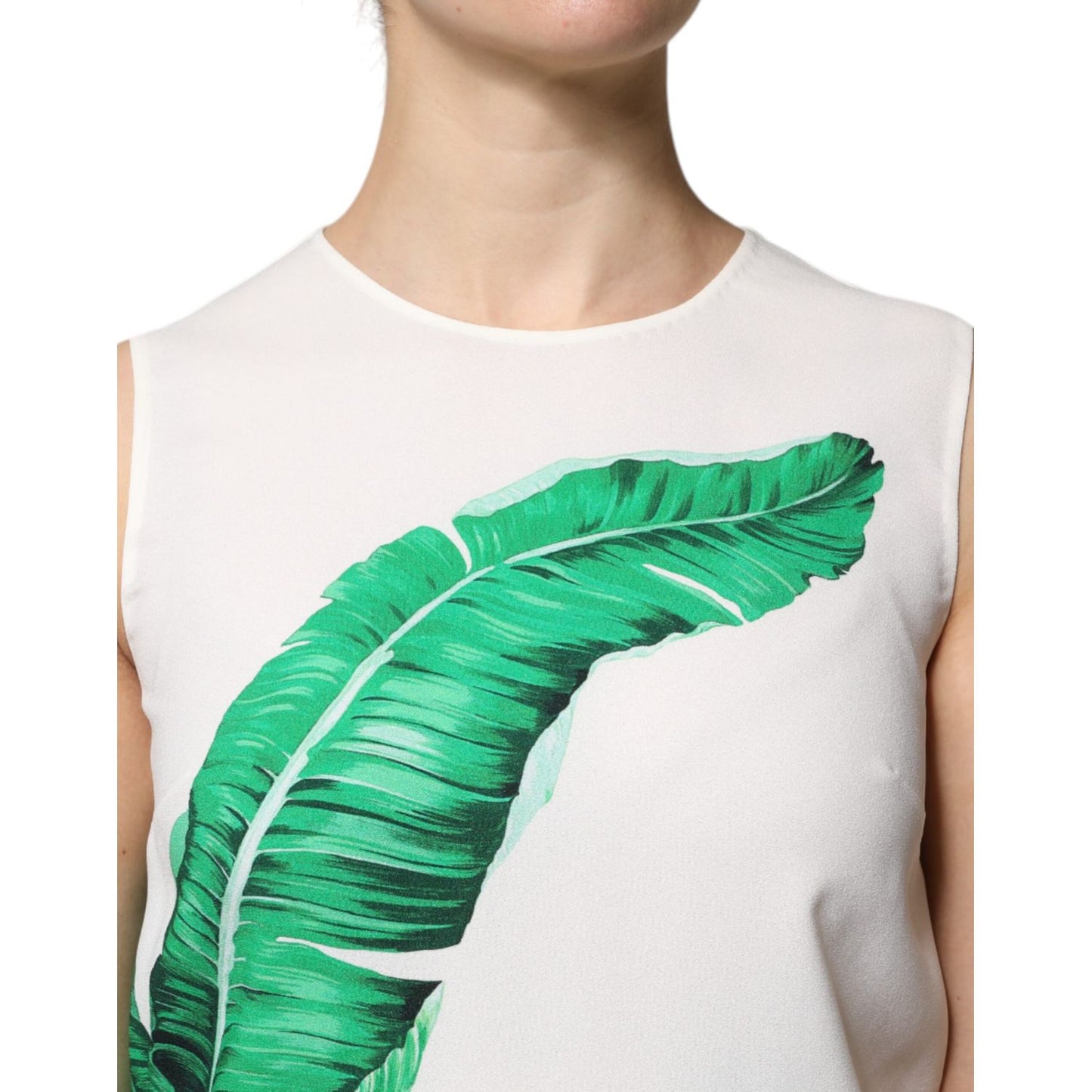 Dolce & Gabbana White Banana Leaf Print Round Neck Tank Top