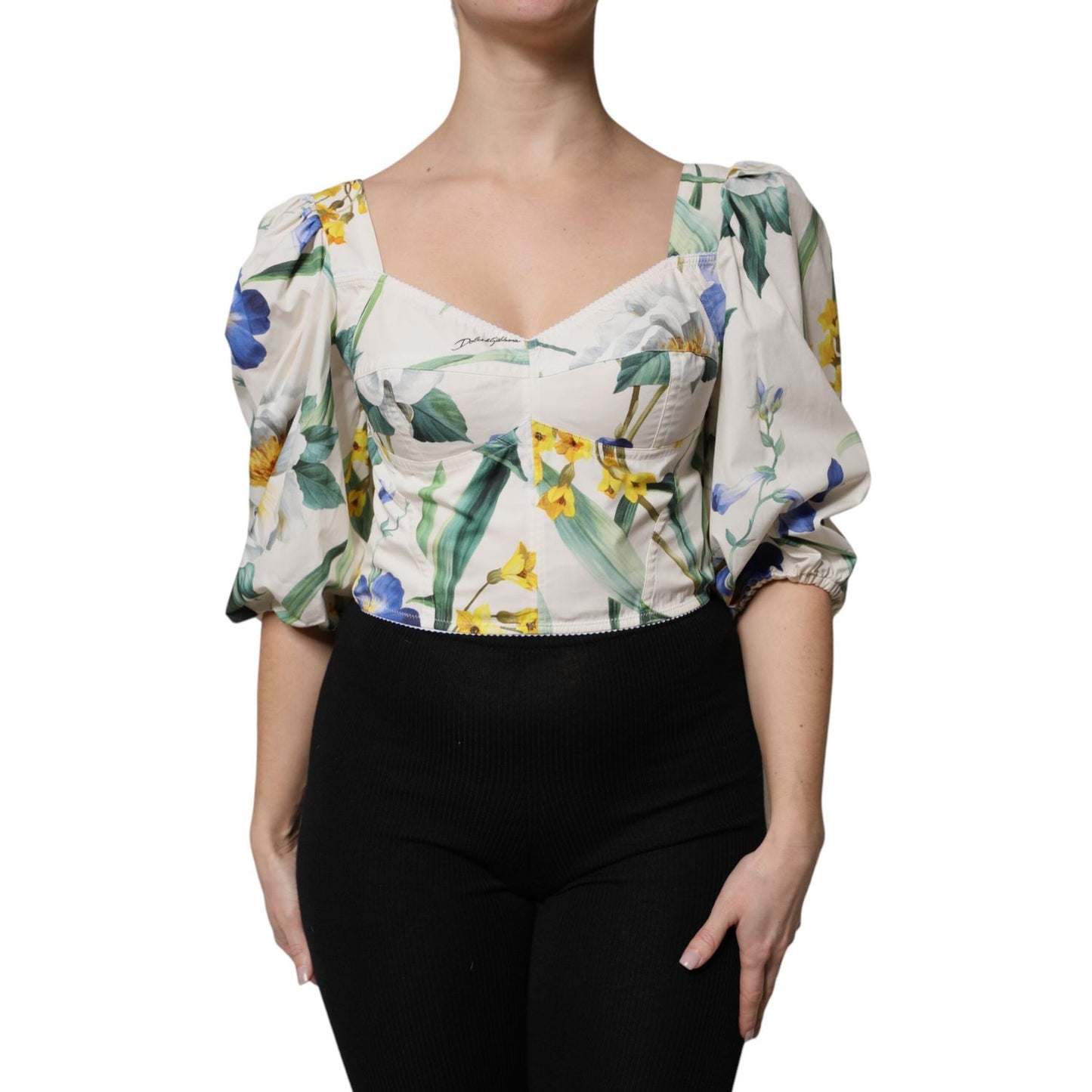 Dolce & Gabbana White Floral Puff Sleeves Crop Blouse Top