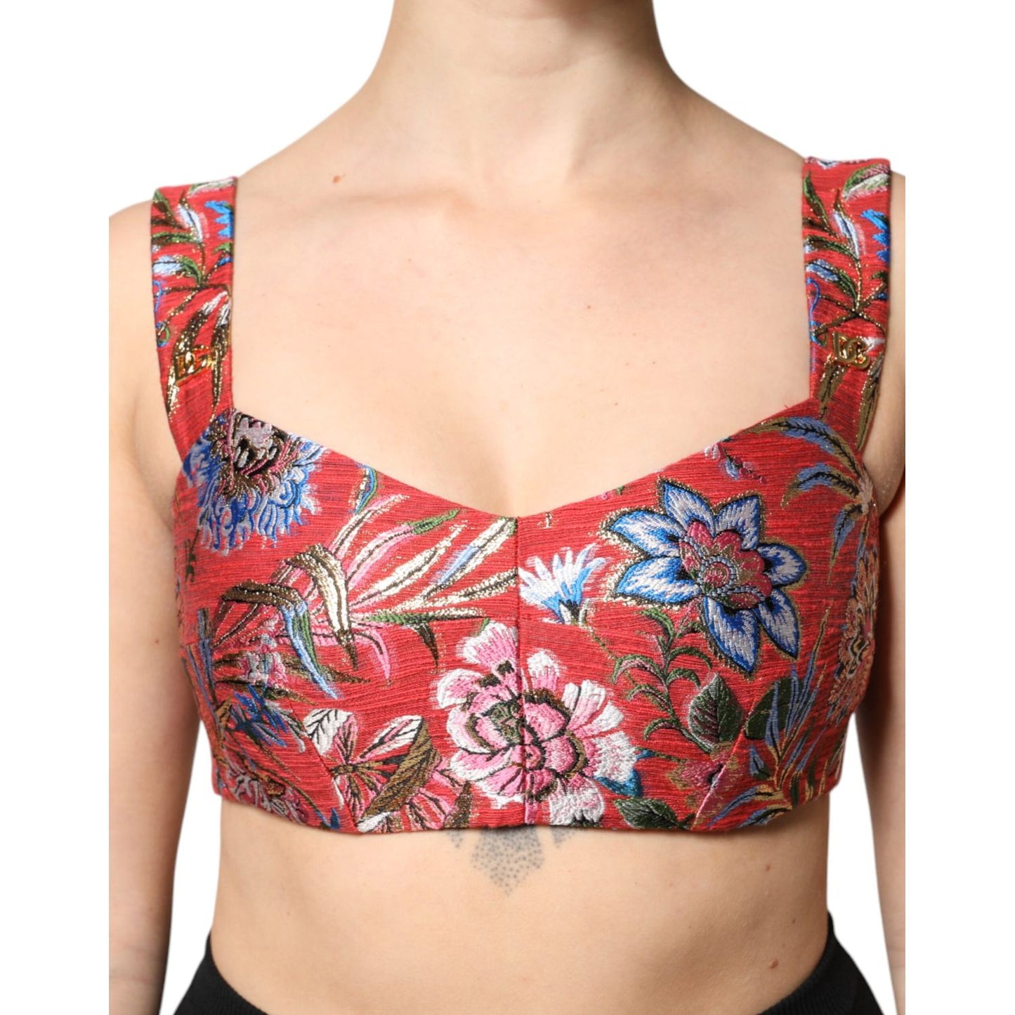 Dolce & Gabbana Red Floral Brocade Cropped Bustier Corset Top