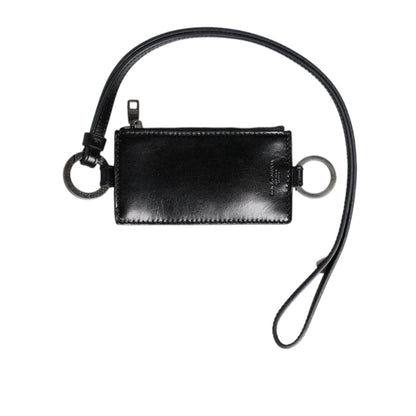 Dolce & Gabbana Black Leather Logo Embossed Lanyard Card Holder Wallet